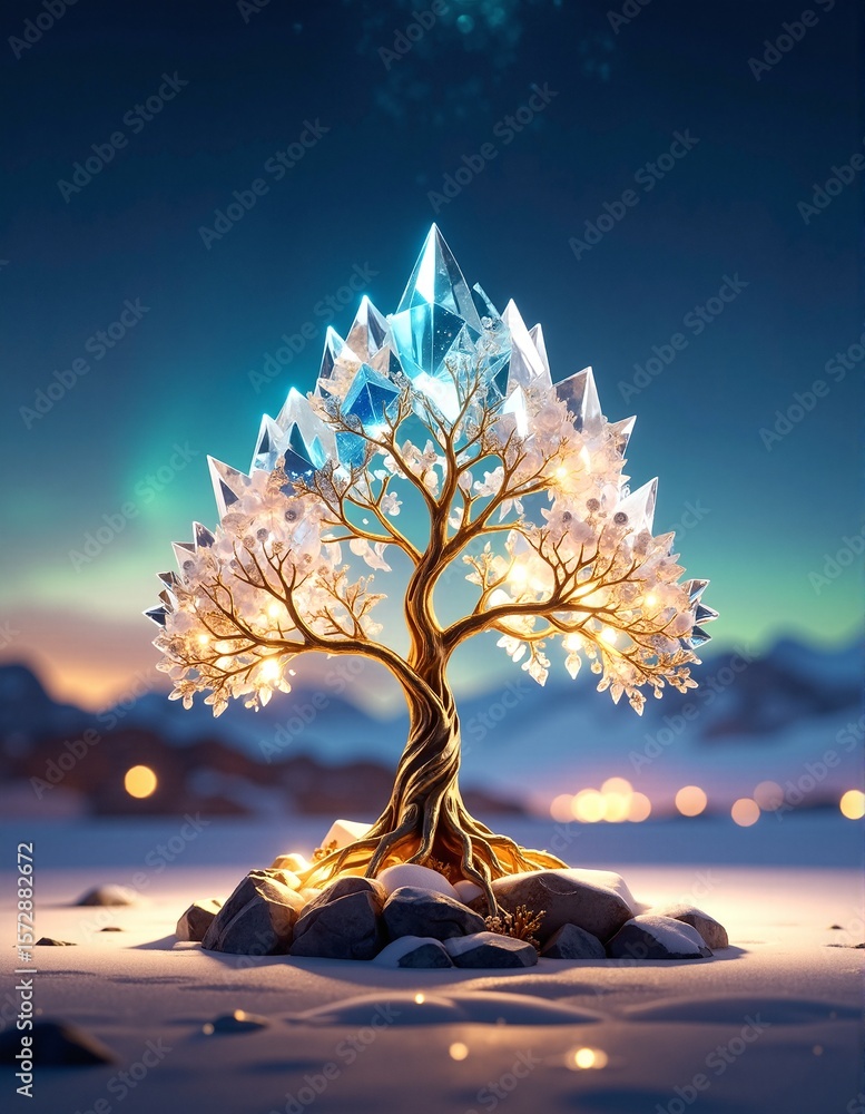 Poster a stunning crystal tree adorned with shimmering lights, casting a magical glow. its intricate branch