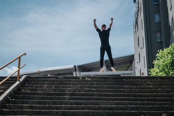 A person is captured jumping energetically on outdoor stairs, showcasing energy and enthusiasm in a...