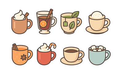 Fototapeta premium Illustrated hot beverages: hot chocolate, herbal tea, mulled wine, cappuccino, spiced cider, peppermint mocha, coffee, marshmallow mug