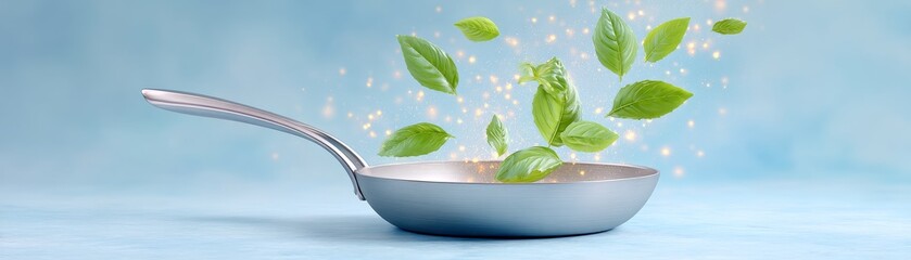 Basil leaves in motion tossed into frying pan kitchen food photography bright dynamic scene