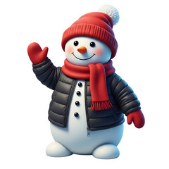 Adorable snowman in a red hat, scarf, and gloves, waving happily with a cozy black jacket for a charming winter vibe - transparent background Generative Ai.