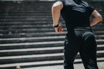 A person dressed in black sportswear ascending outdoor stairs, embodying focus and an active...