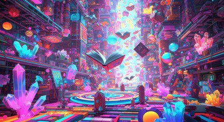 Enchanting Digital Library Filled with Glowing Crystals and Floating Books