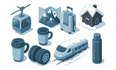 Winter travel icons featuring train, cabin, and luggage with mountain map