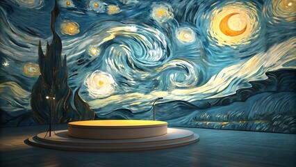 Stage with Beige Round Platform Against a Blue Yellow Night Sky Impasto Painting Mural