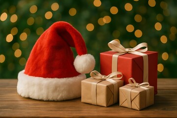 Christmas Presents with Santa Hat and Holiday Lights
