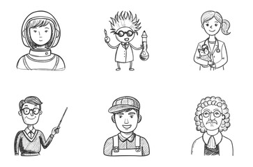 Hand-drawn avatars of professionals like teacher, astronaut, mechanic, scientist and vet, some smiling and looking at camera. Pencil sketch style. Concept career tools, educational media, character ki
