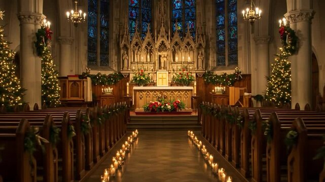 Church interior with christmas decorations pews and candles in warm light setting