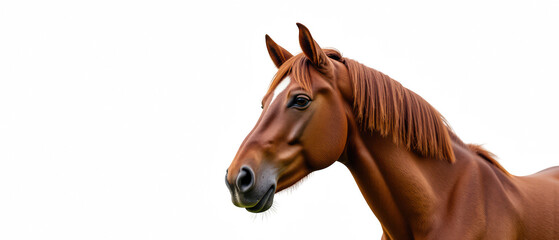 Realistic horse with shiny brown coat and flowing mane, showcasing its majestic features and expressive eyes