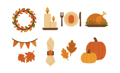 Thanksgiving harvest icons with leaves, pumpkins, candles, and turkey