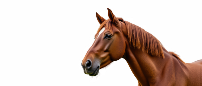 Realistic horse with shiny brown coat and flowing mane, showcasing its majestic features and expressive eyes