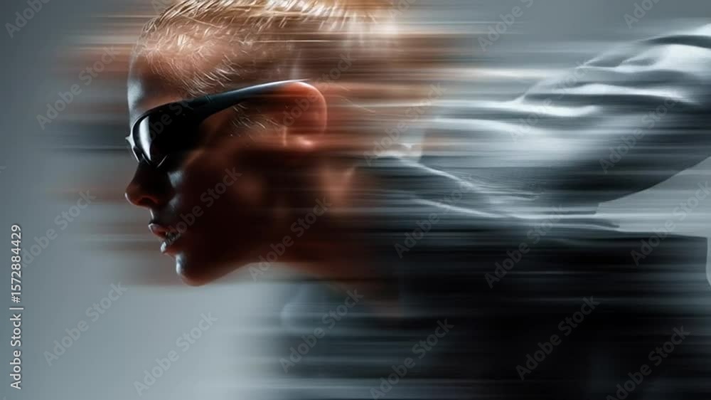 Poster runner in sunglasses sprints with intensity in blurred motion generative ai