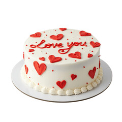Sweet Romance: Round White Cake with Red Heart Designs and "Love You" Message (transparent background) Generative Ai.