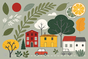 A vivid abstract composition featuring olive, gray, red, yellow, white, and dark green.