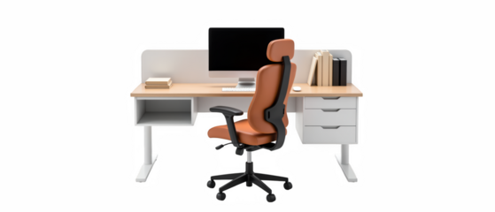 Modern office setup featuring stylish desk, ergonomic chair, and computer monitor, creating productive workspace