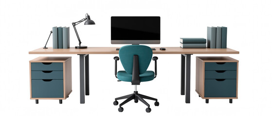 Modern office desk with ergonomic chair, computer monitor, and storage drawers, creating comfortable workspace for productivity