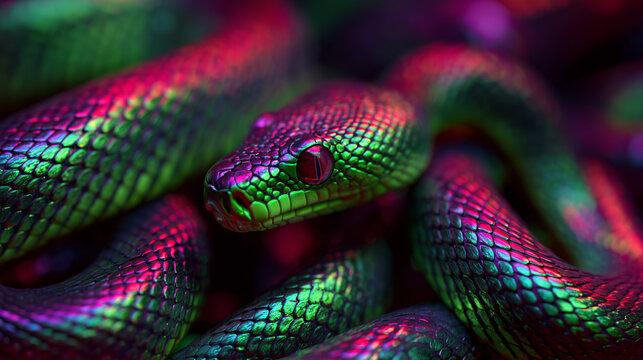 Close-up of intertwined futuristic green snake bodies with iridescent texture, abstract design, mysterious and vibrant look, symbol of nature and technology fusion.