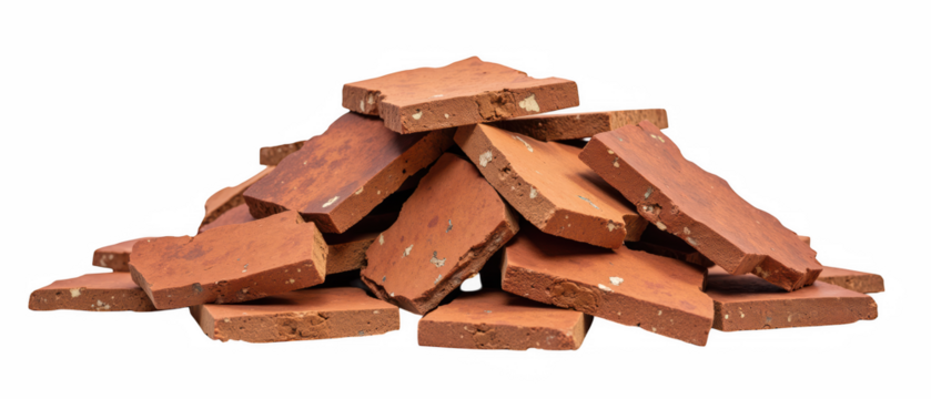 Piled red bricks arranged in disordered manner, showcasing their textured surfaces and earthy tones, ideal for construction or design projects