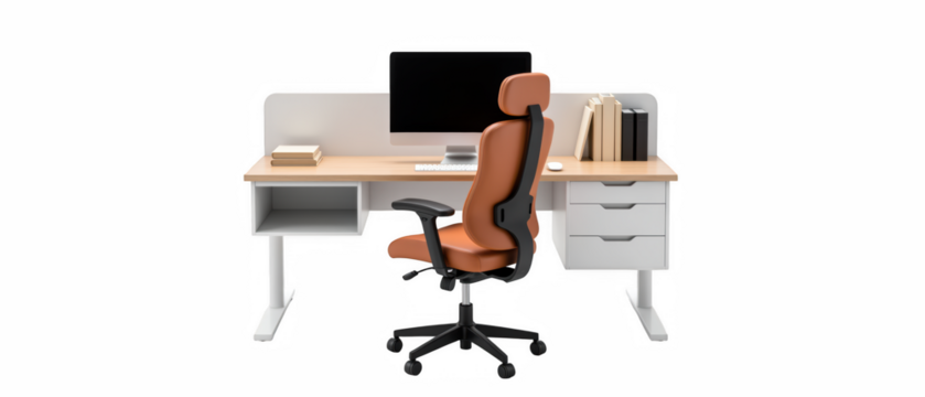 Modern office setup featuring stylish desk, ergonomic chair, and computer monitor, creating productive workspace