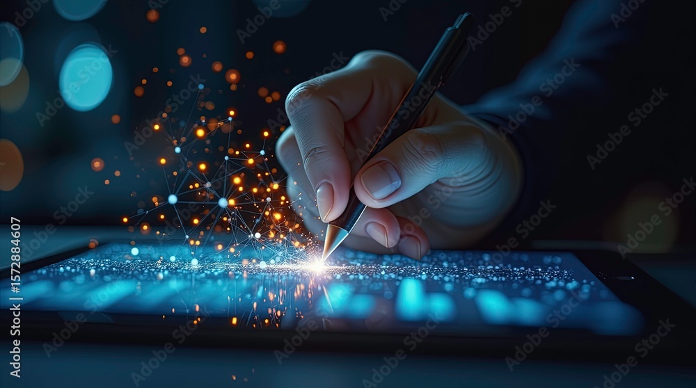 Fototapete sketching on a tablet with pencil, creating digital art with vibrant sparks and glowing elements in 