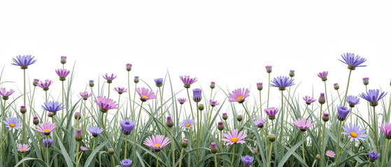 Colorful flowers vibrant garden setting, showcasing various shades of purple and pink, surrounded by lush green grass. scene evokes sense