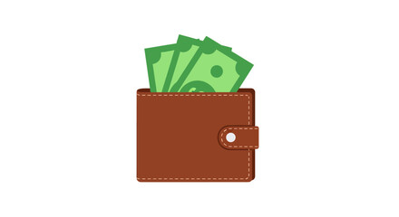 Brown Leather Wallet with Green Cash Bills on White Background
