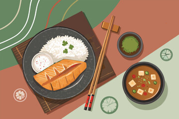 Overhead view of a delicious Asian lunch with rice.