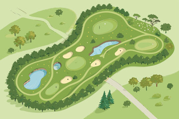 Overhead golf map vector illustration in a stylized, informative way.