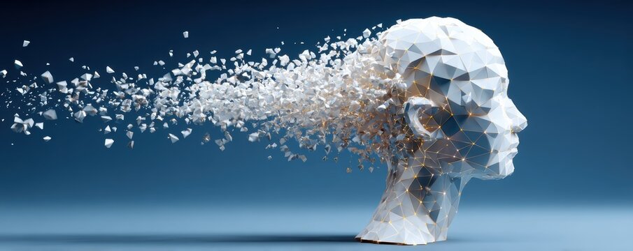 A polygonal human head disintegrates into particles, symbolizing fragmentation, memory loss, or digital transformation against a blue background.