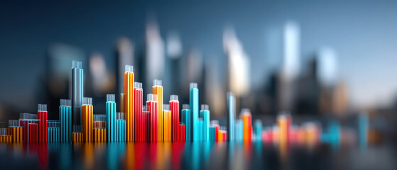 Colorful bar graphs with a blurred cityscape background, representing data analytics and business growth in an urban setting.