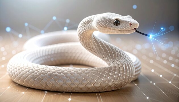 A white digital snake, symbolizing Python programming or AI, stands coiled in a futuristic network environment. Its glowing tongue connects to data points, representing artificial intelligence and te