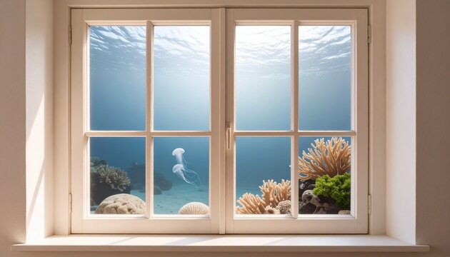 Stunning underwater view through a window revealing coral reefs and floating jellyfish. Experience the serene beauty of marine life from a unique perspective, perfect for tranquility and escape theme