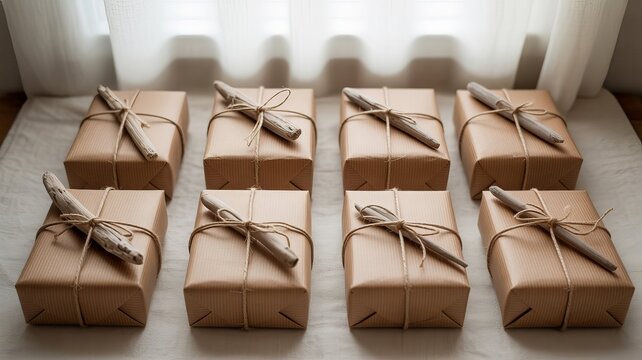 Eight kraft paper wrapped gifts tied with twine and driftwood