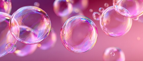 Colorful soap bubbles float gracefully against a soft, blurred pink and purple background.