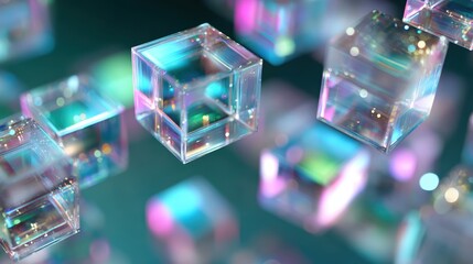 Transparent glass cubes float in a colorful, abstract digital space with glowing pastel reflections and a futuristic vibe.