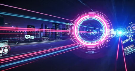 Futuristic digital city with colorful light trails and neon effects over the highway scene - Powered by Adobe