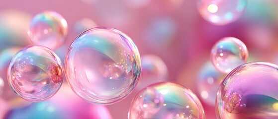 Naklejka premium Shiny, colorful soap bubbles float against a dreamy, soft pink background.