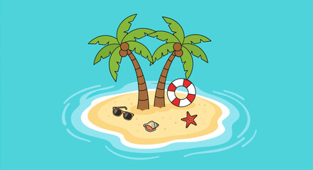 Obraz premium Small Tropical Island with Green Palm Trees Blue Ocean and Beach Accessories 
