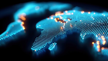 A glowing digital map of the world made up of blue and orange illuminated dots, symbolizing global connectivity and technology.