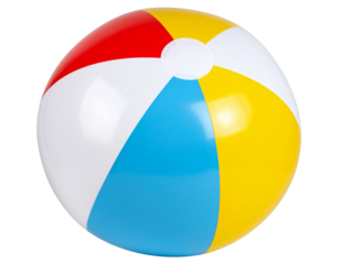 Front View of Inflatable Beach Ball with Red, Yellow, Blue, and White Stripes, isolated on transparent background PNG