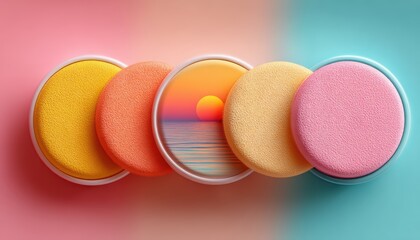 Colorful round cosmetic pads arranged in a row, with one pad displaying a vibrant sunset over the ocean.
