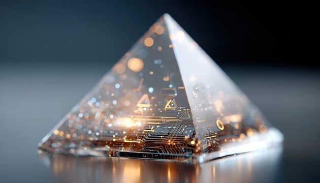 A glass pyramid with embedded circuit patterns and glowing lights, symbolizing futuristic technology and digital innovation. - Powered by Adobe