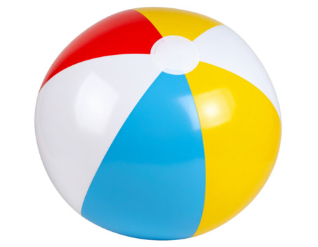 Front View of Inflatable Beach Ball with Red, Yellow, Blue, and White Stripes, isolated on transparent background PNG