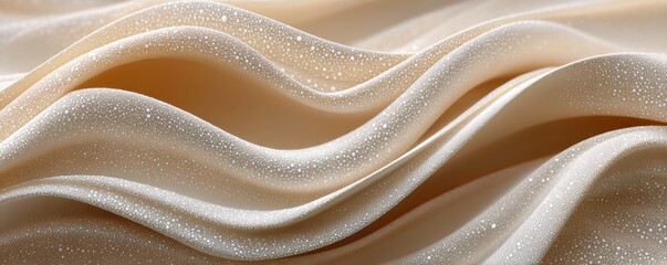 Close-up of silky, cream-colored fabric with flowing waves and delicate droplets on the surface.