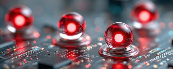 Shiny red spheres on a futuristic circuit board, highlighting advanced technology and innovation.