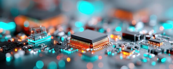 A close-up view of a vibrant electronic circuit board with microchips and glowing components.
