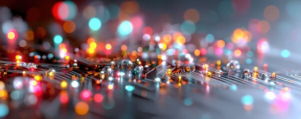 A colorful close-up of an electronic circuit board with glowing, blurred lights creating a vibrant, futuristic effect.