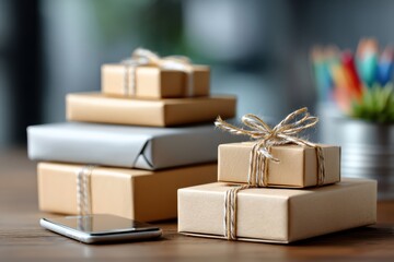 Several neatly wrapped gift boxes stacked on a desk next to a smartphone, with colorful pencils blurred in the background.