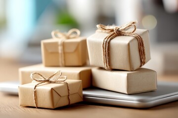 Small, neatly wrapped packages tied with twine are stacked on a table, creating a cozy and inviting atmosphere.