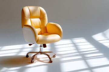 A modern yellow office chair with armrests sits on a sunlit floor, casting shadows from a nearby window.